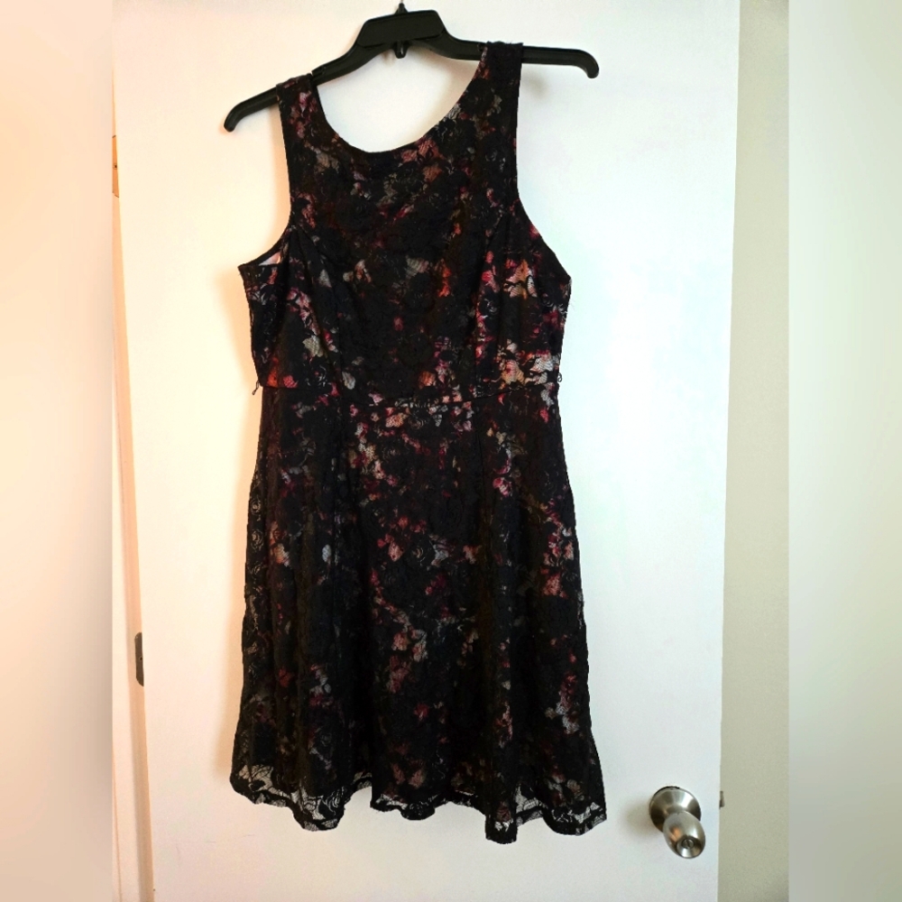 Maurices Elegant Black and Pink Floral Lace Overlay Dress Sz 16